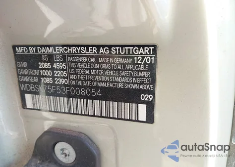 2003 Mercedes-Benz Sl 500 z USA, uszkodzony, nr VIN WDBSK75F53F008054